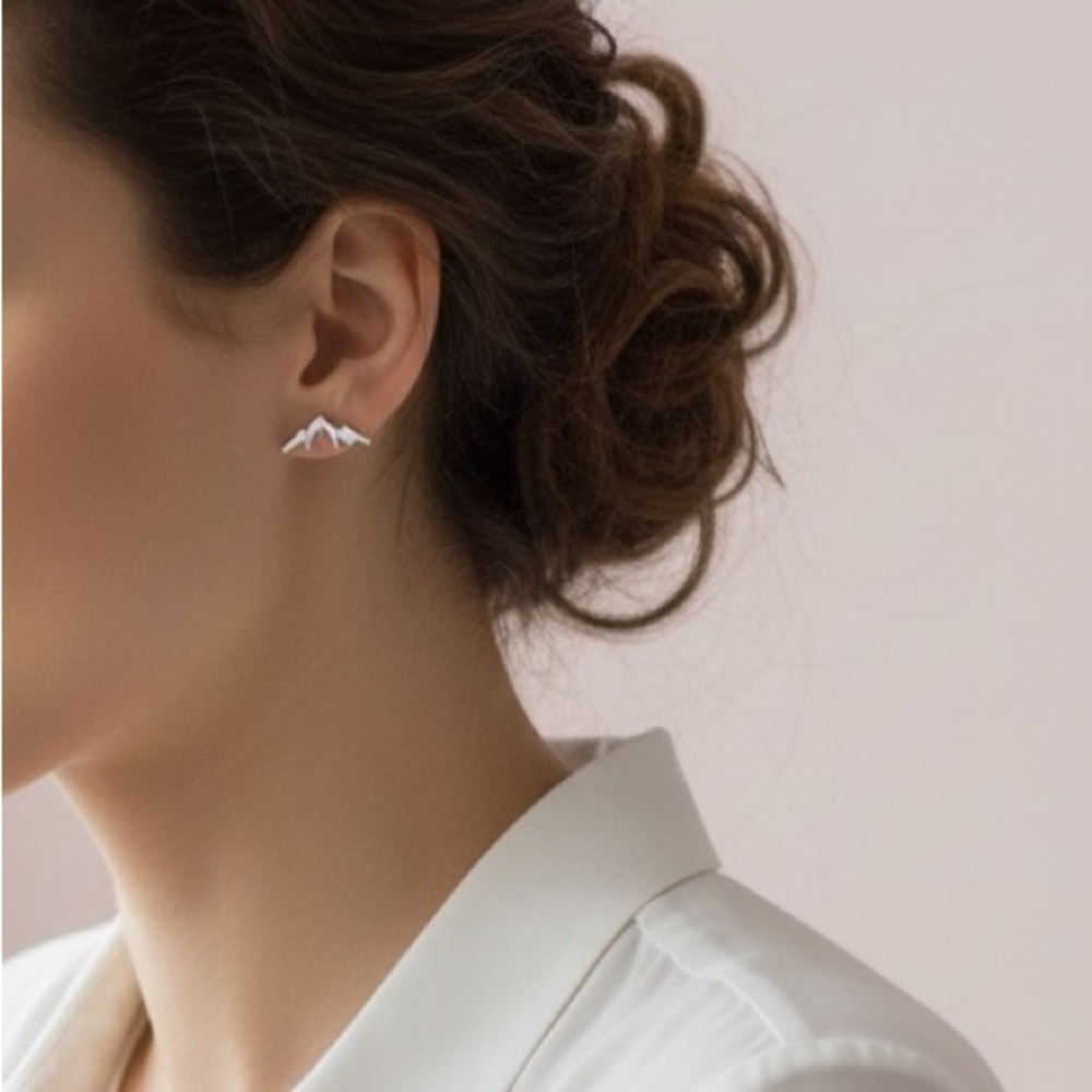Mountain Silhouette Skiing Hiking Mini 925 Sterling Silver Simple Stud Earring - Picture 5 of 13